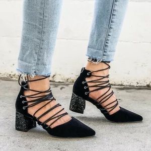 NIB Cute Black Velvet Glitter Heel Lace-Up Pumps